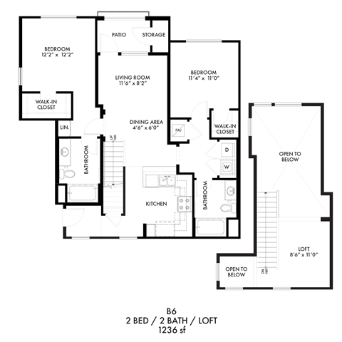 Floor plan for 2 beds, 2 baths, 1236 sqft